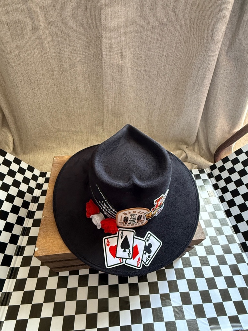 Black Wide-Brim Embellished Western Hat with Patches heart shaped top nfr Vegas